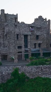 Summer aerial view featuring Gillette Castle in East Haddam, Connecticut at sunrise