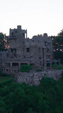 Summer aerial view featuring Gillette Castle in East Haddam, Connecticut at sunrise