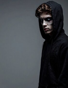 Scary young zombie man in a plain black hooded sweatshirt