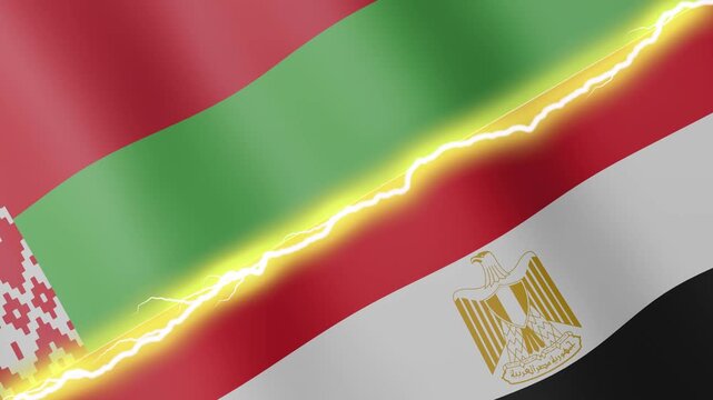 Two waving flags Belarus and Egypt with diagonal lightning seamless, 4k loop