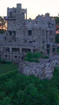 Summer aerial view featuring Gillette Castle in East Haddam, Connecticut at sunrise