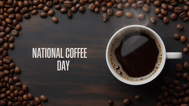 National Coffee Day celebration with a cup of coffee and coffee beans arranged on a wooden surface