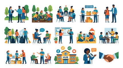 Fototapeta premium Community Support and Volunteering Flat Illustration Set. Social Services, Charity, and People Helping Activities.