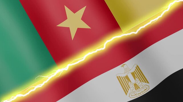 Two waving flags Cameroon and Egypt with diagonal lightning seamless, 4k loop