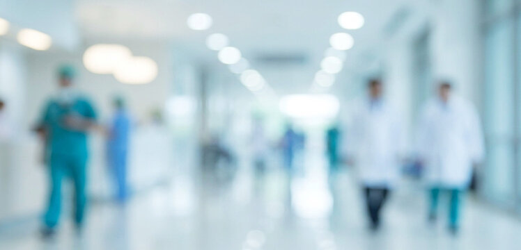 A blurred image of healthcare professionals in a hospital corridor, showcasing modern medical environment with various staff in scrubs and lab coats.