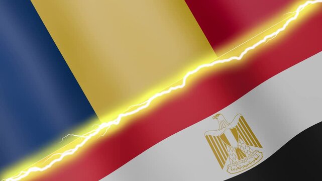 Two waving flags Chad and Egypt with diagonal lightning seamless, 4k loop
