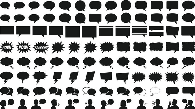 Mega collection of black speech bubbles thought clouds and comic chat icons isolated on white background
