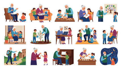 Fototapeta premium Grandparents and Grandchildren Activities Flat Vector Illustration Set