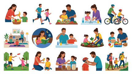 Fototapeta premium Family Healthy Habits Flat Vector Illustration Set: Nutrition, Exercise, Hygiene, and Education