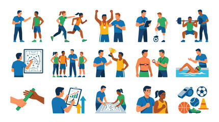 Fototapeta premium Coaching, Training, Sports, Health, Fitness, Flat Icons, Vector Set