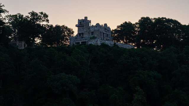 Summer aerial view featuring Gillette Castle in East Haddam, Connecticut at sunrise