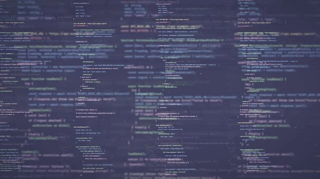 Digital screen with scrolling computer code and programming script on a dark blue background