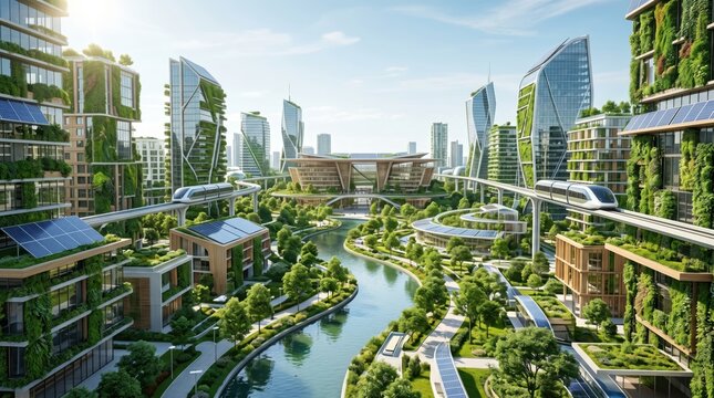 Futuristic eco city with green vertical gardens and solar panels on skyscrapers, sustainable urban architecture design with river, maglev train transport system and renewable en...