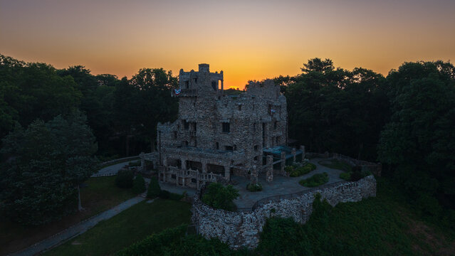 Summer aerial view featuring Gillette Castle in East Haddam, Connecticut at sunrise