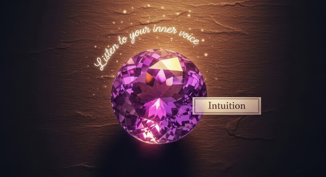 Glowing Amethyst Gemstone Labeled Intuition with 'Listen to Your Inner Voice' Text, Evoking Spiritual Guidance and Insight