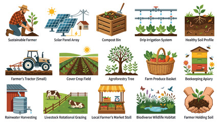 Obraz premium Sustainable Farming Agriculture Flat Vector Icons Set Illustrating Eco-Friendly Practices and Food Production