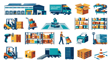 Obraz premium Warehouse Logistics Icons: Flat Design of Shipping, Delivery, and Storage Objects
