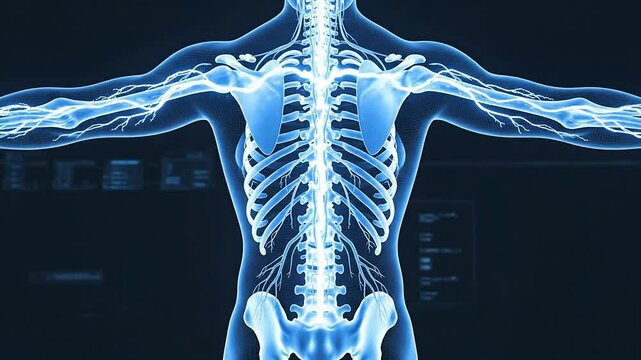 Detailed Hologram Of Spinal Anatomy In Transparent Back View Highlighting Key Structures For Medical Education And Research