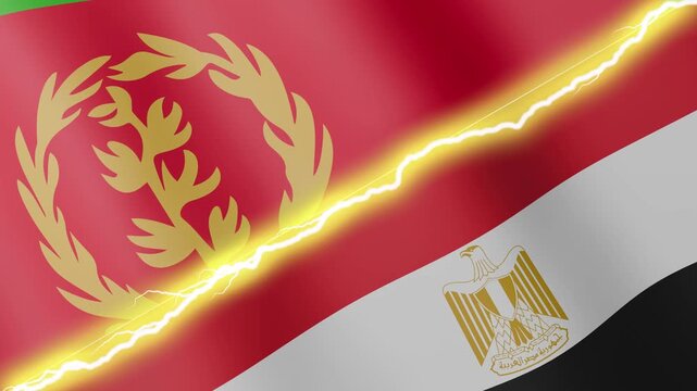 Two waving flags Eritrea and Egypt with diagonal lightning seamless, 4k loop