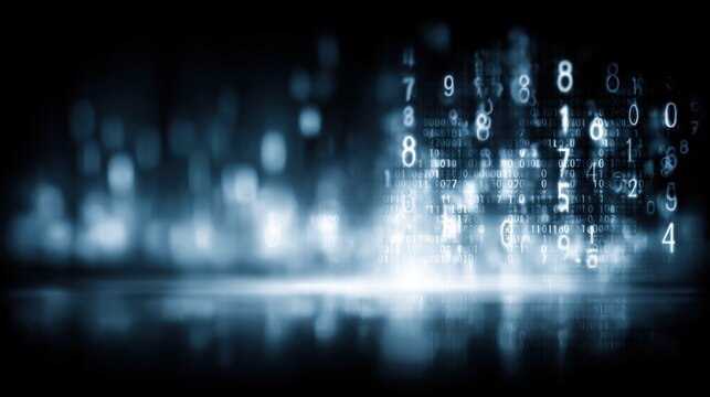Abstract digital background featuring glowing numbers and binary digits creating a sense of technology, data, and virtual reality in a dark setting