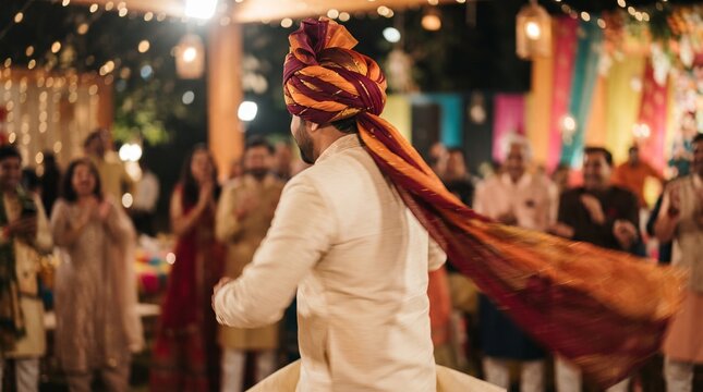 Traditional Indian groom in ethnic sherwani and turban dancing, festive Hindu wedding celebration with guests, vibrant cultural marriage ceremony