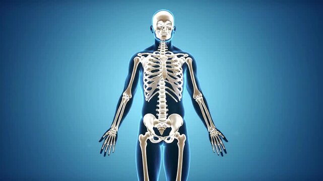 Digital Radiology Bone Scan Concept With Transparent Skeleton Against Blue Background For Medical Technology