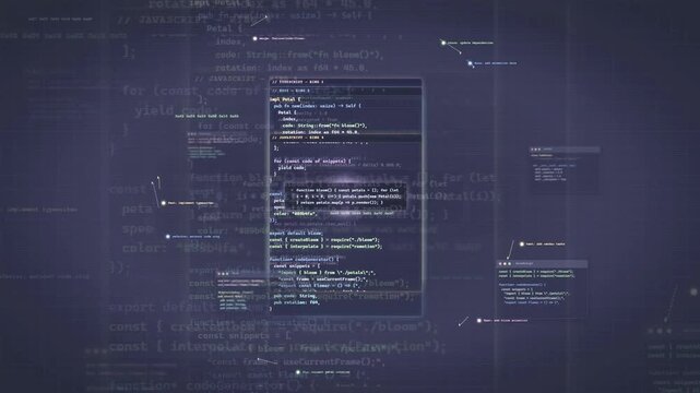 Abstract Digital Background with Floating Programming Code and Data Streams in Dark Blue Space