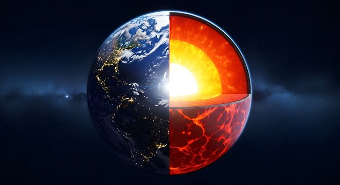 A high detail conceptual 3D illustration of planet Earth showing a cross section of its glowing inner core and surface in dark space