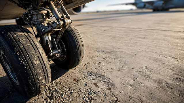 Detailed close-up of aircraft landing gear wheels resting on a concrete airport runway tarmac at sunset