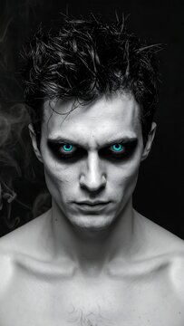 Portrait of a pale man with sharp features and messy dark hair
