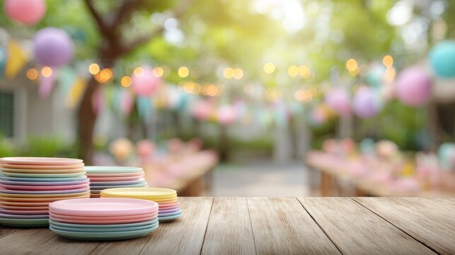 Colorful Plates Stacked on a Wooden Table Ready for a Joyful Outdoor Celebration with Blurred Background of Party Decorations and Lights