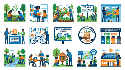 Naklejka premium Community Services, Social Responsibility, and Volunteering Activities Flat Vector Illustration Set