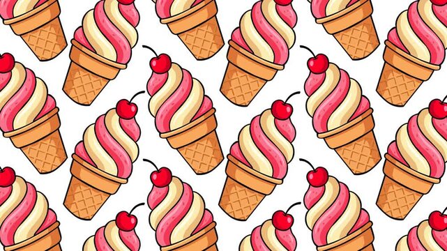 A cheerful seamless pattern featuring pink and vanilla swirl ice cream cones topped with bright red cherries on a clean white background, perfect for summer packaging, textiles, wrapping paper