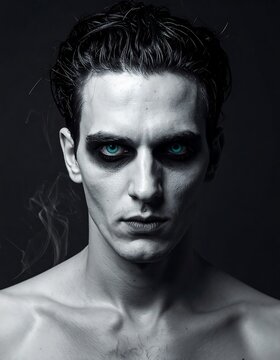 Portrait of a pale man with sharp features and messy dark hair