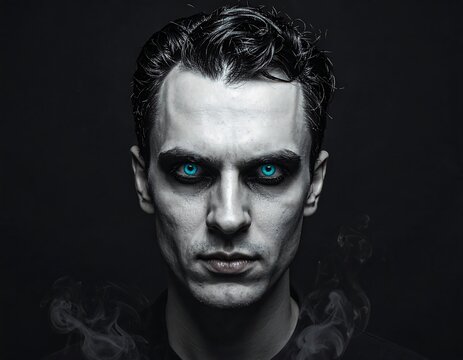 Portrait of a pale man with sharp features and messy dark hair