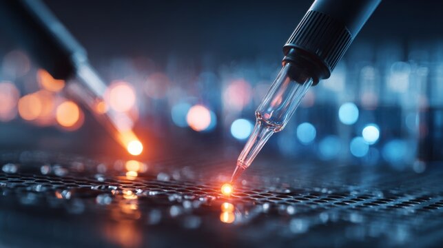 Close-Up of Laboratory Dropper Delivering Liquid on Circuit Board with Blurred Lights and Scientific Equipment in Background Creating a High-Tech Atmosphere