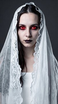 Eerie phantom of a woman with a blurred face in an antique dress