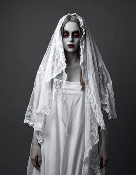 Eerie phantom of a woman with a blurred face in an antique dress