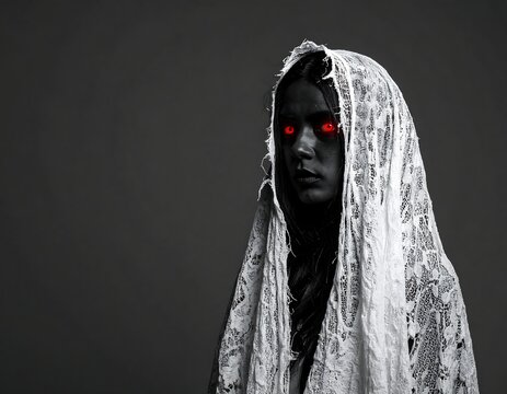 Eerie phantom of a woman with a blurred face in an antique dress