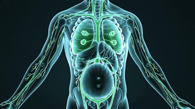 Holographic Representation of the Lymphatic System in a Transparent Human Body Highlighting Lymph Nodes and Pathways for Medical Visualization and Educational Use