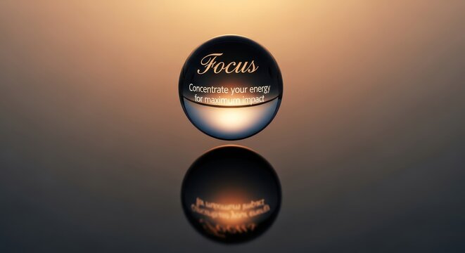 Crystal ball with the word Focus and text 'Concentrate your energy for maximum impact' reflecting in water, abstract concept