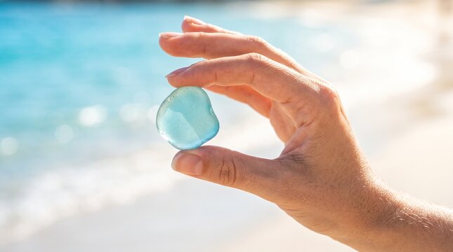Woman hand holding translucent aqua sea glass on sunlit beach with ethereal bright bokeh