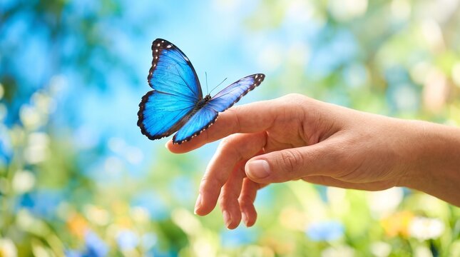 Graceful Hand with Blue Morpho Butterfly Perching in Ethereal Sunlit Nature Background