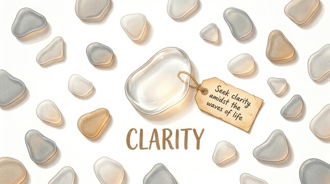 Conceptual image of clarity and peace represented by smooth sea glass stones and inspirational quote