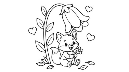 Fototapeta premium Smiling cartoon fox holding flower under bell flower, isolated on white, coloring page.