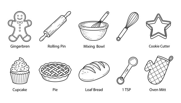 Baking Tools and Treats Including Gingerbread, Rolling Pin, Mixing Bowl, Cookie Cutter, Cupcake, Pie, Loaf Bre