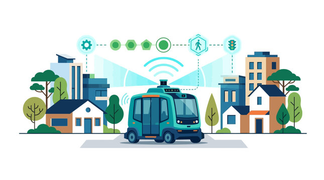 Autonomous self-driving delivery shuttle navigating modern smart city with digital IoT sensors flat design vector illustration.