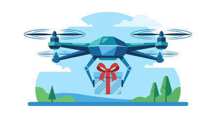 Obraz premium Futuristic delivery drone carrying gift box package over landscape background flat design vector illustration.