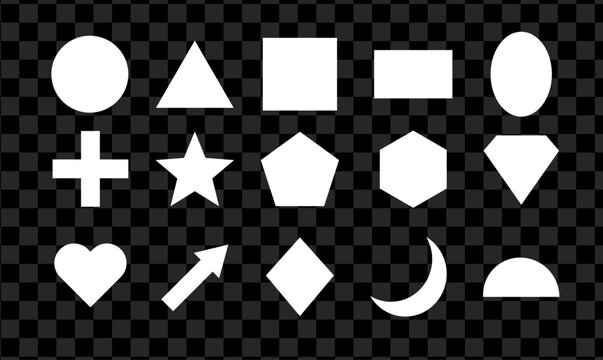 Set of white geometric basic shapes icons on checkerboard background with geometric