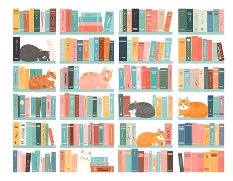 Colorful Bookshelves With Cute Chubby Cats Sleeping Lazily Between Pastel Colored Books